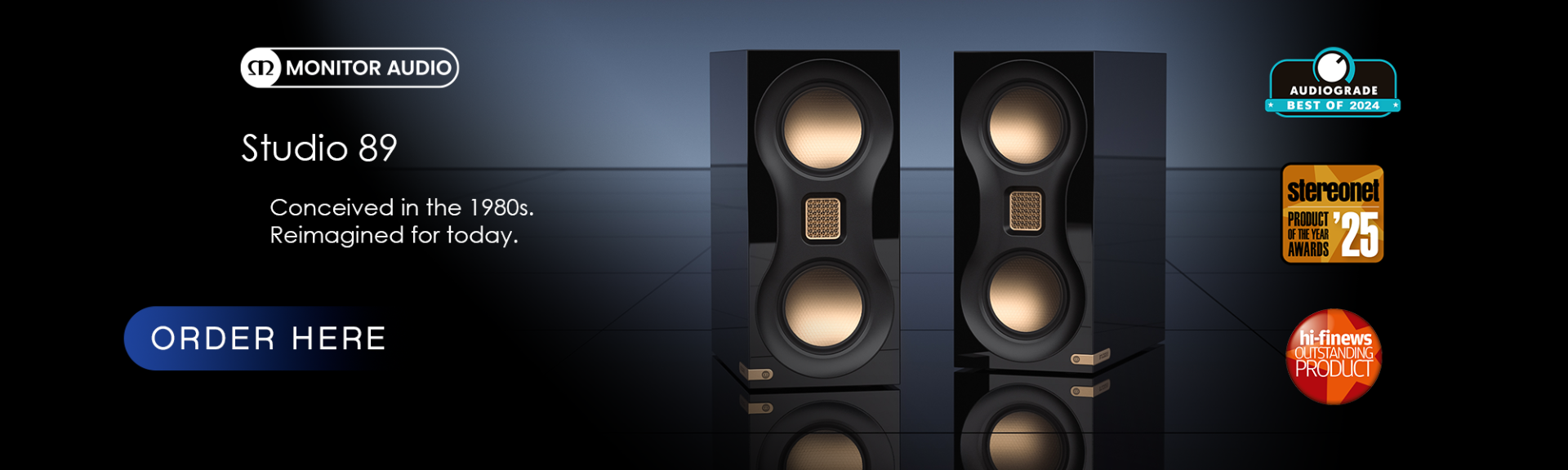 Studio 89 speakers in High Gloss Black with Gold Drivers